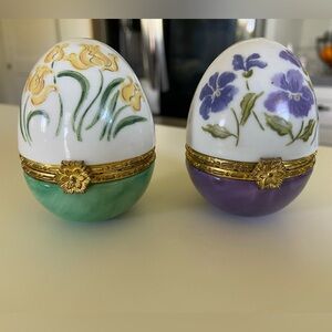 2 Vintage Floral painted egg trinket boxes